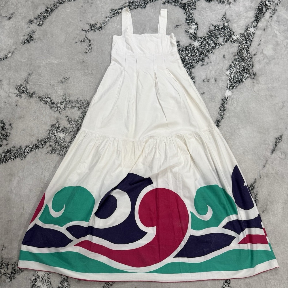 Roberta Freymann Dress Sz M White Cotton Maxi Colorful Border Print Resort Boho